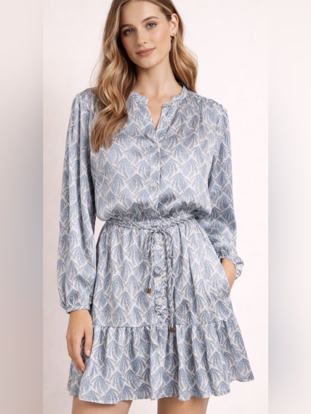 bishop + young Blue Leaf-Print V-Neck Mini Dress NWT Cameron tiered botanical